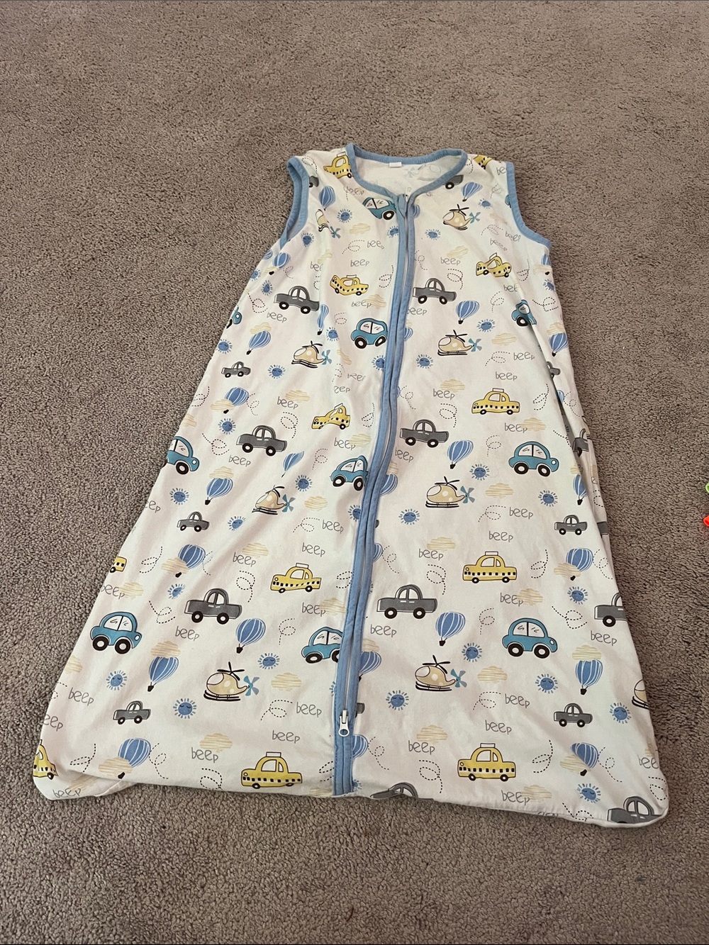 Sleeveless Baby Sleep Sack - Blue, Yellow & Gray Vehicle Print